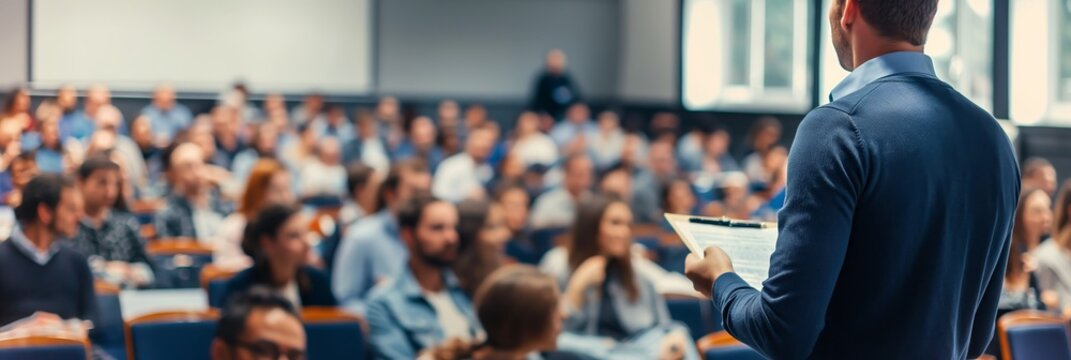 A teacher or presenter standing in front of a classroom holding a clipboard, with numerous students attentively listening to the lecture.