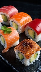 Delicious Sushi rolls served with garnishes, ready for a fine dining experience