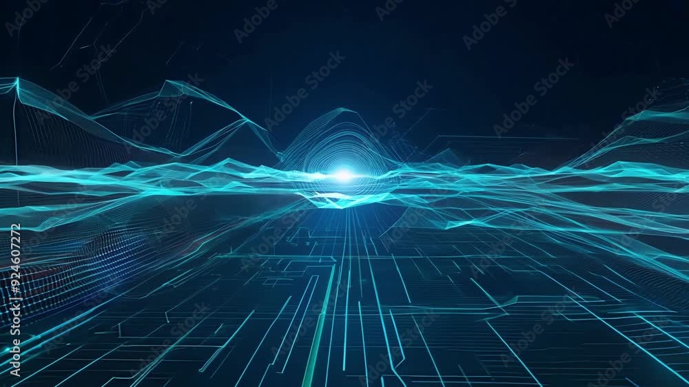 Poster a futuristic and technological background with a constant flow of digital data connections and a glo
