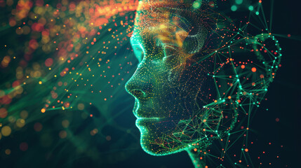 Digital human face in profile composed of glowing points in futuristic style on a dark background. Concept of science, technology and nature