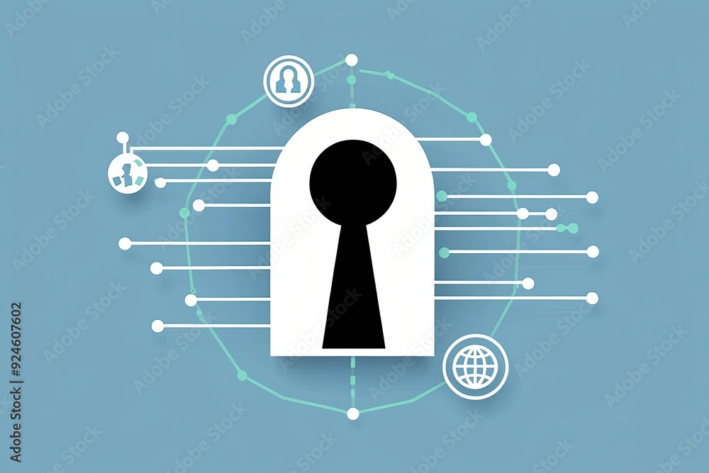 Poster innovative cybersecurity design featuring keyhole graphic and interconnected data points on soft blu