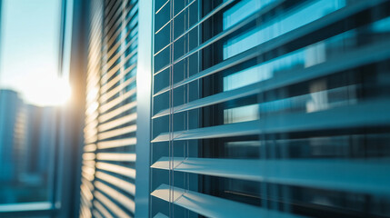 A visual showcasing curtains and blinds on the windows of an office building in an urban setting.