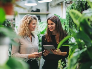 Smiling young and middle aged businesswomen discussing with digital tablet in green office