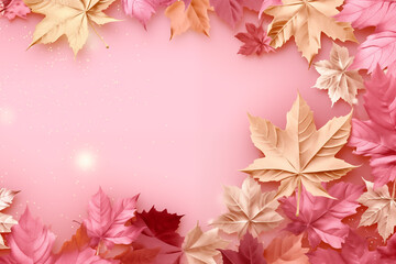 Obraz premium Autumn Leaves Background with Pink and Orange Maple Leaves on a Soft Pink Gradient