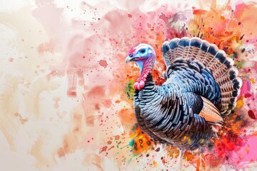 A banner featuring a watercolor illustration of a turkey, surrounded by splashes of color and space for text