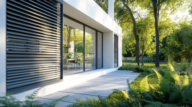 Terrace of Modern Passive House: A detailed view of the terrace of a modern, white, cube-style passive house with an elegant and minimalist design