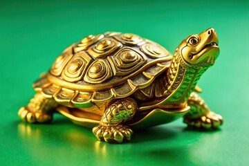 Obraz premium Isolated golden turtle figurine with intricate details sitting on a vibrant green background, creating a striking contrast and capturing the essence of luxury and nature.