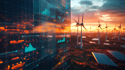Modern wind turbine with a detailed energy data analytics dashboard in the foreground, displaying real-time statistics and graphs for effective power production monitoring, Ai