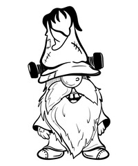Halloween gnome at funny hat. Hand draw illustration without background, png for sublimation t-shirt, pillow, mug. line art illustration, black and white sketch. Print for poster, color book for kids