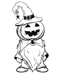 Halloween gnome at funny hat. Hand draw illustration without background, png for sublimation t-shirt, pillow, mug. line art illustration, black and white sketch. Print for poster, color book for kids