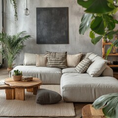 A living room with a grey couch, a coffee table, and a black framed picture