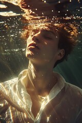 Naklejka premium Submerged Serenity: A Man's Moment Underwater