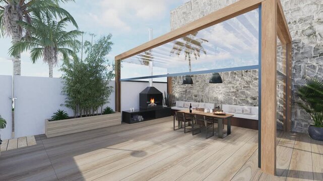 3D illustration clip of a luxury wooden teak deck with BBQ grill and decor furniture. Side view orbit shot with bioclimatic teak wood pergola and set wooden table.