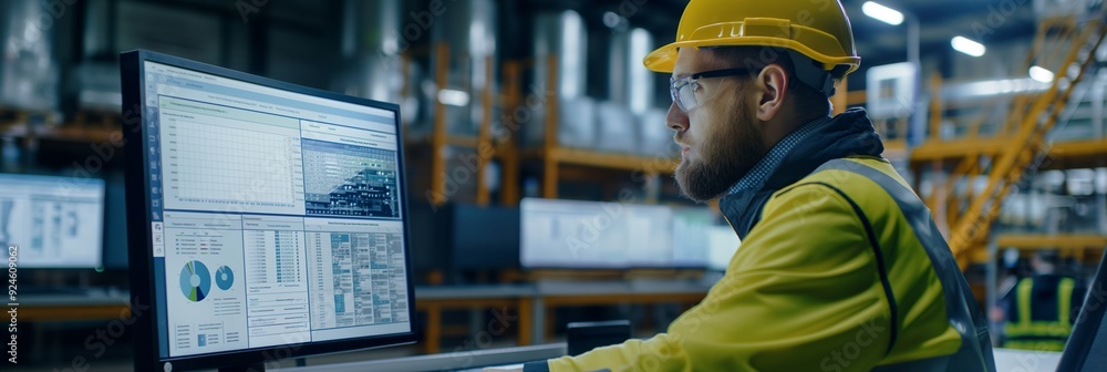 Poster a worker wearing a helmet and reflective vest monitors data on a computer screen in a spacious wareh