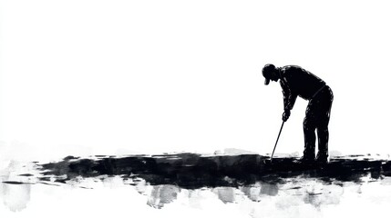 Silhouette of a golfer putting on a green, conveying concentration and skill in a minimalist artistic style.