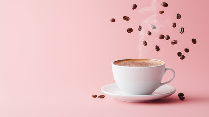 white mock up of coffee cup on pastel backdrop, coffee floating