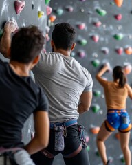 Three individuals engaged in indoor rock climbing on a colorful wall, showcasing physical strength, endurance, and teamwork in a challenging environment.