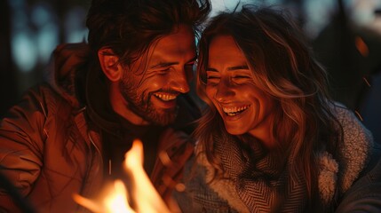 A couple close up, headshot, laughing together while toasting marshmallows at a campsite, highlighted by glowing firelight, creating a fun and carefree atmosphere.