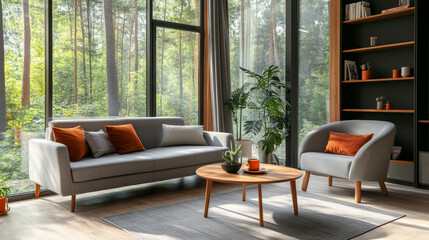 Obraz premium Modern Living Room Interior: A stylish living room featuring a grey sofa, a complementary armchair, and a wooden coffee table