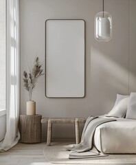 Aesthetic minimalist room interior design. Mockup picture frames. Mock up poster on the walls. Copy space. Scandi apartment for decoration. Neutral colors. Modern japandi style.