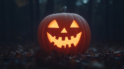 Jack-o'-Lantern, glowing carved pumpkin, dark forest setting, eerie atmosphere, dim lighting