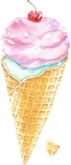 Watercolor ice cream in waffle cone isolated on white background. Hand drawn illustration.