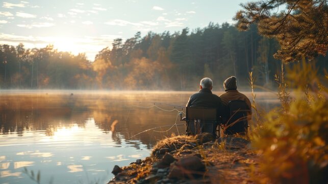A retired couple fishing together at a lakeside camping spot, surrounded by early morning mist, sharing a calm and bonding activity.