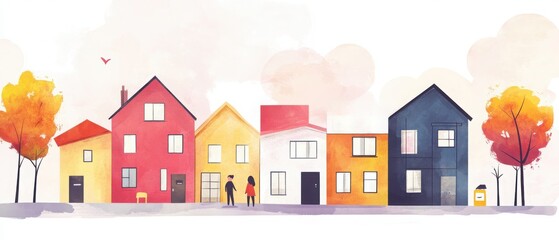 A vibrant watercolor illustration of colorful houses along a street, evoking a cozy neighborhood atmosphere in autumn.