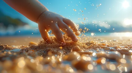 Close-up of a child's hand digging into the sand on a sunlit beach, with a blue sky in the background. The image captures a moment of carefree summer fun.