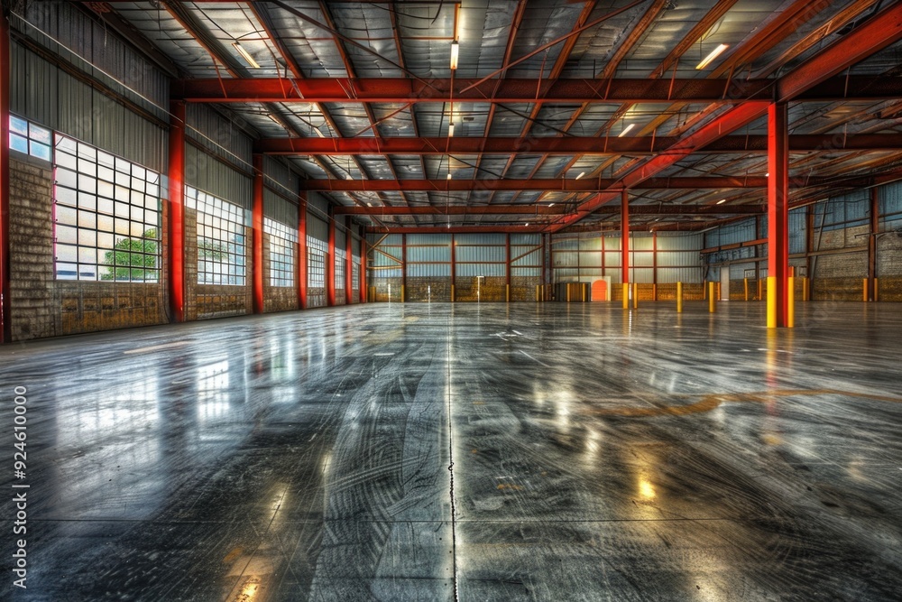 Poster a large warehouse with numerous windows and storage spaces