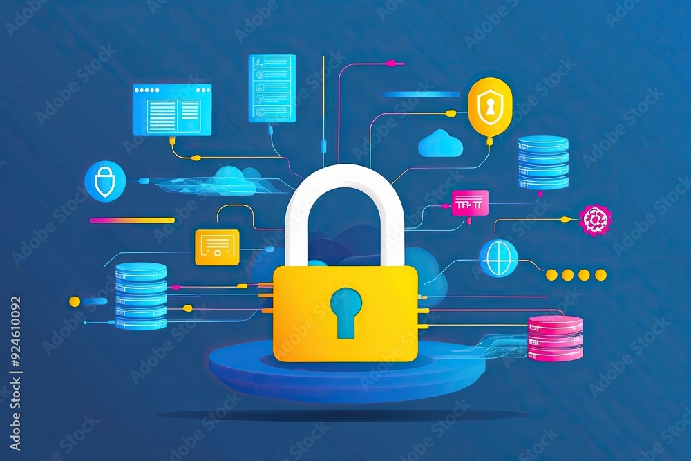 Poster artistic information security visual featuring padlock data streams and vibrant design on blue backg