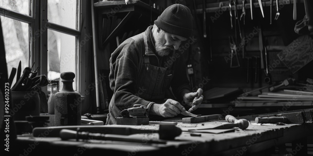Poster a person works on a wooden piece in a workshop setting