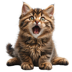 Obraz premium A vibrant, fluffy kitten with striking blue eyes sits adorably, mouth wide open in a playful meow, radiating joy and mischief against a solid black background.