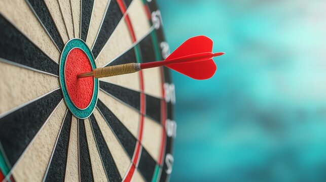Close-up of a dart embedded in the bullseye of a dartboard, symbolizing precision and focus in a competitive game.
