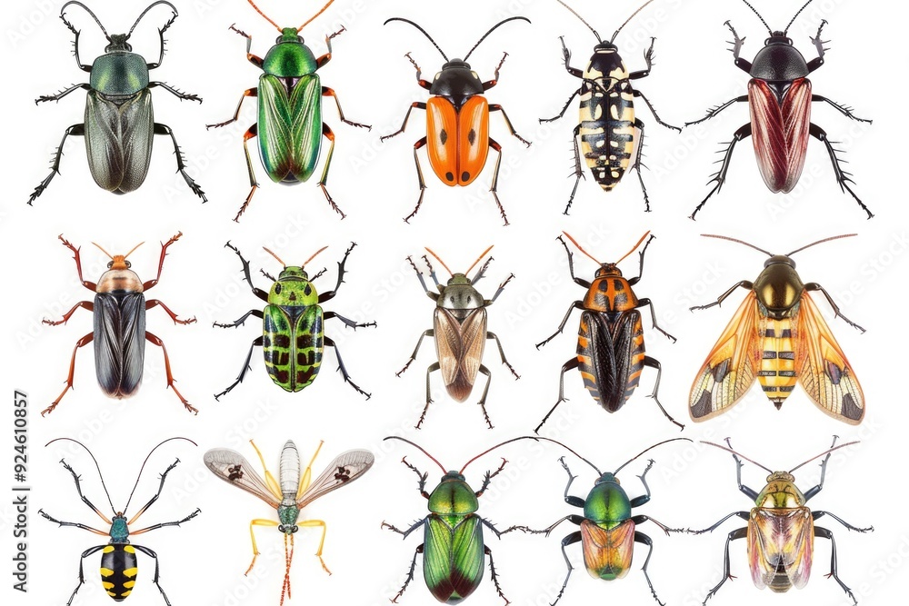Poster a variety of colorful bugs gathered on a clean white surface, great for illustrating diversity or pa