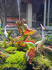 Dragon Water Fountain and White Cranes in a Taiwanese Temple