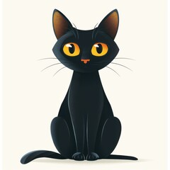 Obraz premium A minimalist, flat vector of a black cat with wide, yellow eyes, styled in a pop art fashion. The cat is depicted in a sitting position, with clean lines and a sharp silhouette, isolated on a white