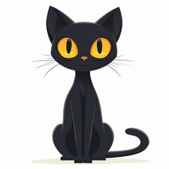 Fototapeta premium A minimalist, flat vector of a black cat with wide, yellow eyes, styled in a pop art fashion. The cat is depicted in a sitting position, with clean lines and a sharp silhouette, isolated on a white