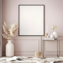 Aesthetic minimalist room interior design. Mockup picture frames. Mock up poster on the walls. Copy space. Scandi apartment for decoration. Neutral colors. Modern japandi style.