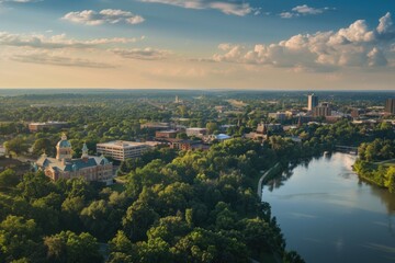 Fototapeta premium A river flowing through a city with surrounding trees