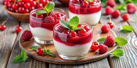 Vibrant and refreshingly sweet dessert featuring raspberry jelly and creamy yogurt, garnished with juicy red currants and fresh mint leaves, perfect for a healthy treat.