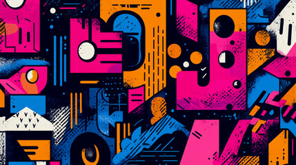 Bold, contrasting shapes and forms ignite an edgy, retro gaming backdrop, sans cartoons, in neon hues.