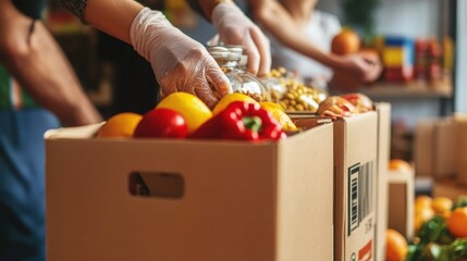 Volunteers packing fresh fruits and vegetables into boxes for food distribution during community support event.