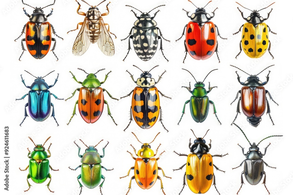Poster a cluster of variously colored insects on a white background