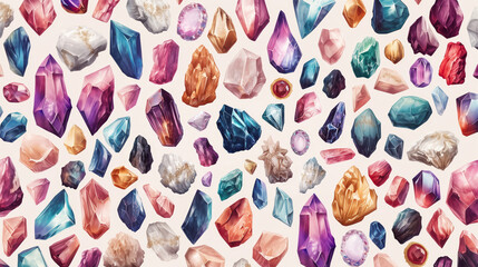 Vibrant gemstones dance in a seamless pattern, their facets sparkling against a pristine white canvas.