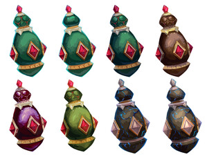 Game art Bottle Luxury design gems ruby ​​malachite gold clipart icon computer mobile game Magic elixir health restoration witch sorcerer illustration Set of shine bottles colorful Vector design ui ux