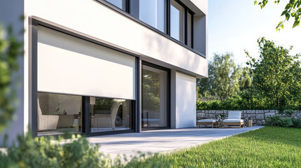 visual depicting external roller blinds installed on modern windows. The image focuses on the blinds from the outside, showcasing their design and functionality. 