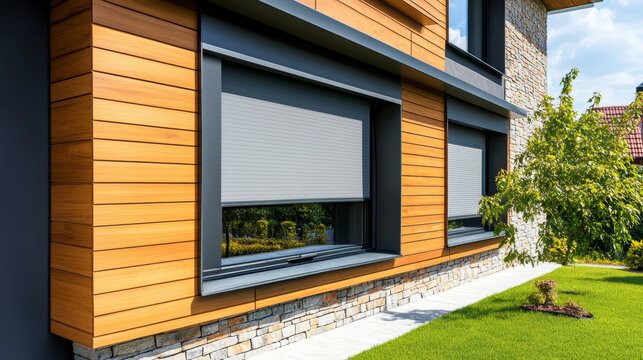 visual depicting external roller blinds installed on modern windows. The image focuses on the blinds from the outside, showcasing their design and functionality. 