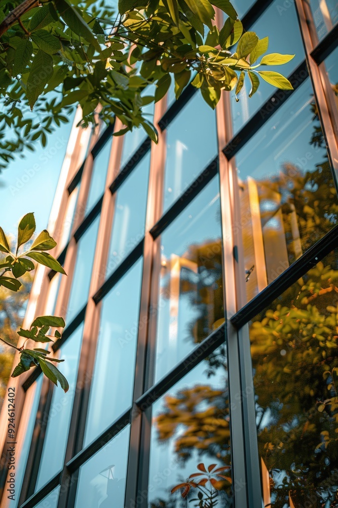 Poster A modern building with numerous windows, accompanied by a single tree in the foreground
