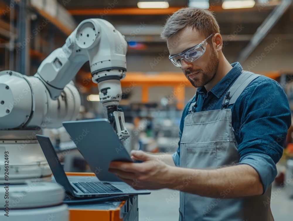 Poster professional male engineer using laptop to program industrial robot in factory environment